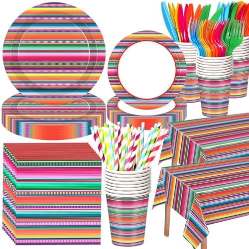 Funnymoom 452 Pcs Mexican Party Decoration for 50 Guest, Mexican Serape Fiesta Paper Plates Napkins Cups Tablecloth Cutlery Straws Taco Disposable Tableware Set for Mexico Birthday Party Supplies by Funnymoom