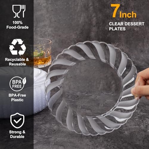 U-QE 100 Pieces Clear Plastic Plates, 7 Inch Plastic Dessert Plates - Image 2