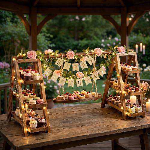 3 Tier Wooden Cupcake Stand with Swing and Flower Decoration, Dark Brown Natural Wood Dessert Swing Display Serving Set with Removable Trays, Rustic Wedding & Party Dessert Stand - Image 6