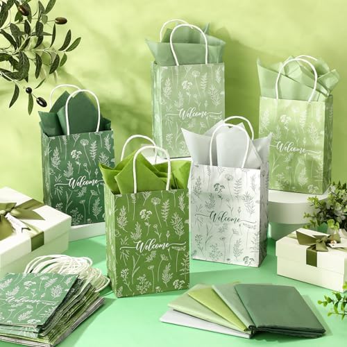 Kolldenn 50 Sets Green Wildflower Gift Bags Bulk with Tissue Paper - Image 4