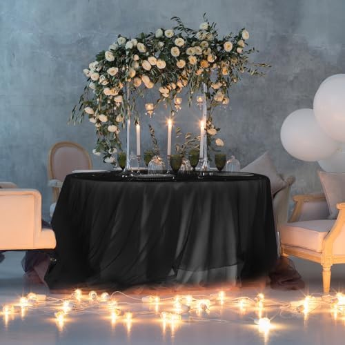 Buryeah 12 Pcs 84 Inch Black Round Plastic Disposable Table Cloth Waterproof Tablecloth Circle Table Covers for Bridal Wedding Birthday Party Gender Reveal Baby Shower - Image 6