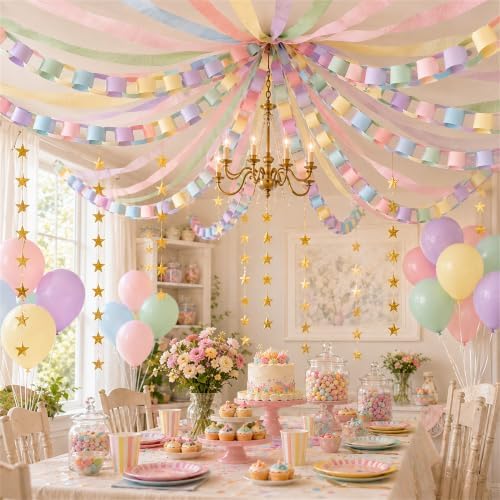 Paper Chain Garland, Crepe Paper Streamers Pastel Balloon Star Garland - Image 2