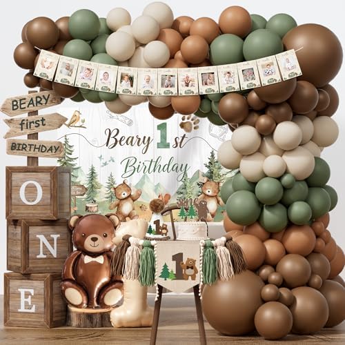 Beary First Birthday Decorations for Boy, All-In-One Woodland Bear Themed 1st Birthday Party Decorations Kit, Forest Bear Backdrop Balloon Garland Box Banner for Beary 1st Birthday Decorations Boy by Unknown