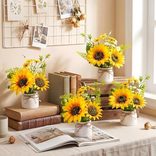 Zeyune Artificial Sunflower Potted Plants Rustic Wedding Table Centerpieces Summer Spring Kitchen Silk Yellow Flower with Plastic Pot for Home Bathroom Office Bridal Shower(24 Pcs,White,Sunflower) - Image 5