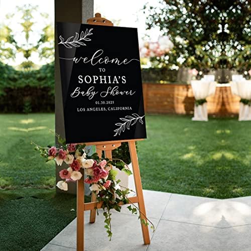 Andaz Press 16X20 Inch Black Acrylic Personalized Baby Shower Welcome Sign, Gender Neutral Large Custom Sign For Easel Stand, Rustic Laurel Leaves Baby Shower Decorations Neutral, Acrylic Welcome Sign - Image 4
