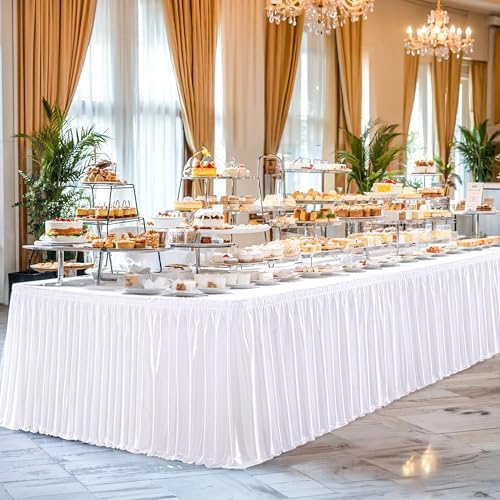 Wish Care 21ft White Satin Long Table Skirt for Rectangle Tables Wrinkle Free Teacher Desk Skirt Glitter Ruffle Table Skirting Cloth for Office Wedding Birthday Baby Shower Party Banquet Table Decor by WishCare