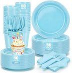 250Pcs Light Blue Plastic Party Plates and Napkins for Birthday,Baby Shower by UseOnceDoneRight