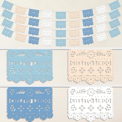 TOUROAM 4 Pack Blue Mexican Papel Picado Banner, Fiesta Party Decorations for Birthday, Baby Shower, Cinco De Mayo, Día De Los Muertos, Day of the Dead by TOUROAM