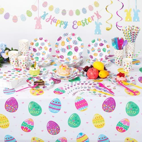 Funnymoom 452 Pcs Easter Party Supplies for 50, Colorful Easter Egg Paper Plates Napkins Cups Tablecloth Cutlery Straws Disposaable Tableware Set for Spring Birthday Baby Shower Party Decorations - Image 4