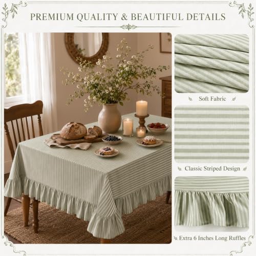 Striped Ruffled Tablecloth 60x120in Cotton Polyester Striped Tablecloth Rectangular Fits 8-10 Seater Table Farmhouse Vintage Table Cover for Home Kitchen Baby Shower Birthday Party Picnic (Sage Green) - Image 3