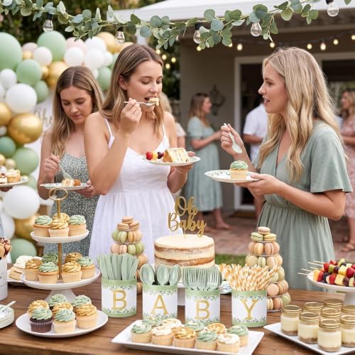 Domensi 204 Pcs Baby Shower Disposable Cutlery Set Utensil Holders, Green - Image 5