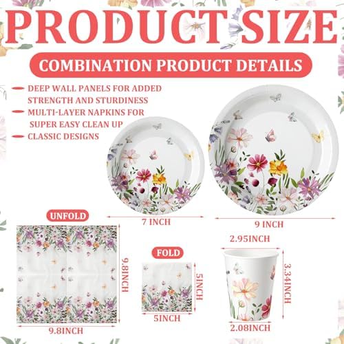Hsei 250 Pcs Spring Wildflower Floral Paper Plates Napkins Cups Serve 50 - Image 2