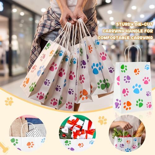 Tenceur 80 Pcs Dog Gift Bags Goodie Paw Puppy Paper Treat Bags Bulk with Handles 10.63 x 4.72 x 7.87 Inch Dog Themed Party Favors Shopping Holiday Kraft(White Colorful) - Image 6