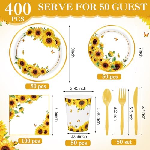 Funnymoom 400 Pcs Sunflower Party Supplies for 50 Guests - Image 2
