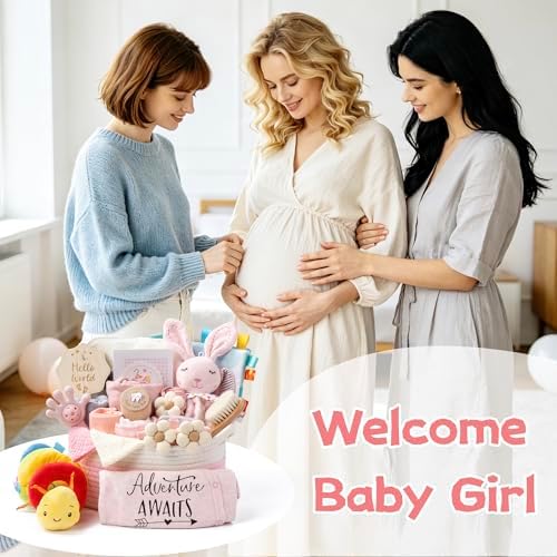 Baby Shower Gifts for Girls, 24 Piece Deluxe Baby Shower Gift Basket - Baby Girl Gift Basket with Swaddle, Rattle, Bath Towel, Brush, Car Seat Activity Toy & Milestone Cards for New Mom(Pink) - Image 6