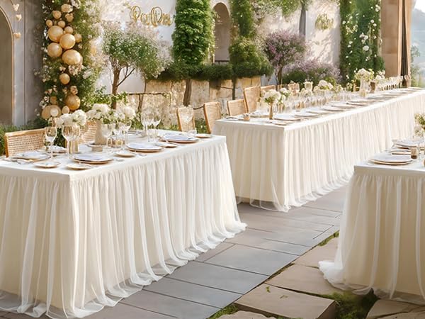 4 Pack Ivory Tablecloth for 8 Foot Rectangle Tables with Tulle Table Skirt - Image 7