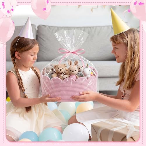 4 Pack Small Woven Baskets with Gift Bags, Ribbons, Wrap Tissue Papers Gift Baskets Empty to Fill for Baby Shower Wedding Christmas Day, Decorative Storage Cubes for Toys(Pink) - Image 5