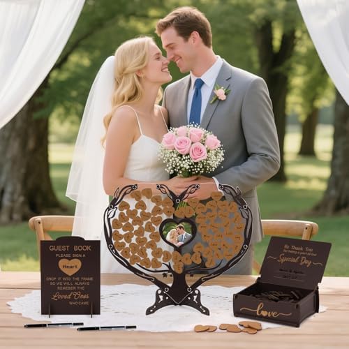 Heart Wedding Guest Book Alternative, Coffee Color Rustic Wooden Wedding Souvenirs with Heart Picture Frame, Heart Guest Book Drop Box, Personalized Decor Party Birthday - Image 6