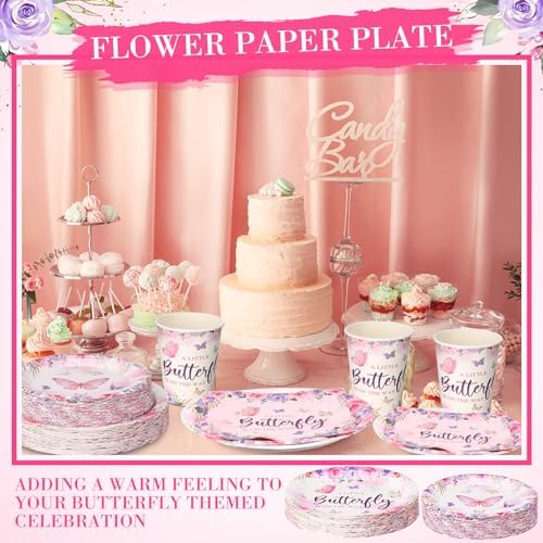 Ziliny 250 Pcs Butterfly Baby Shower Party Tableware Set a Little Butterfly Is on the Way Baby Shower Decorations Pink Purple Floral Paper Plates Napkins and Cups for 50 Guest(Cute Style) - Image 6