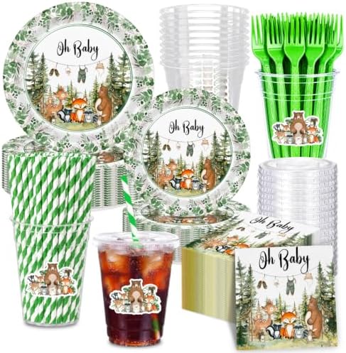 Woodland Baby Shower Plates, Green, Serves 25, Disposable Tableware Set by Unknown