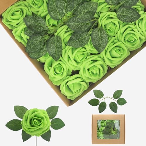 100Pcs Green Artificial Flowers Real Looking Foam Fake Roses, Rose Artificial Wedding Flowers Combo for Wedding Bouquets Centerpieces Flower Arrangements Decorations (Apple Green, 100) by YEHLIABO