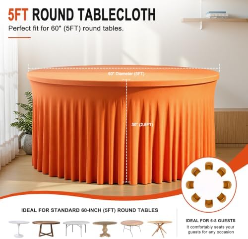 GALLETY 4 Pack Orange Spandex Round Tablecloth 60 Inch for 5 FT Circle Tables, Reusable Fitted Stretch Round Table Cloths for Fall Thanksgiving, Halloween, Birthday, Wedding and Autumn Party - Image 3