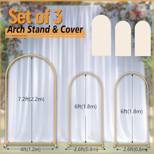 Arch Backdrop Stand Set with Cover 7.2ft,6ft x 2 Arched Frame Stand and Spandex Wedding Arch Cover & Storage Bag (Beige, 7.2Ft+6Ft+6Ft) - Image 2