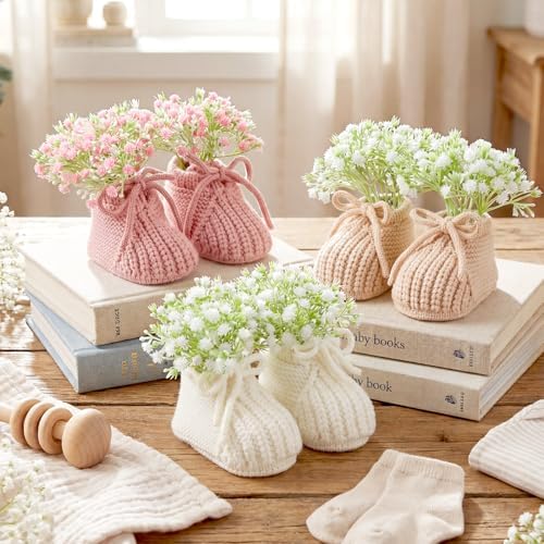 3 Set Baby Shower Booties Table Centerpiece Knitted Booties with Flowers - Image 2