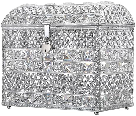 ELLDOO Crystal Wedding Card Box with Heart Lock, Vintage Money Card Box Treasure Chest Style Silver Gift for Wedding Receptions, Centerpiece Decor, Anniversary Keepsake, Gift, Small Size by ELLDOO