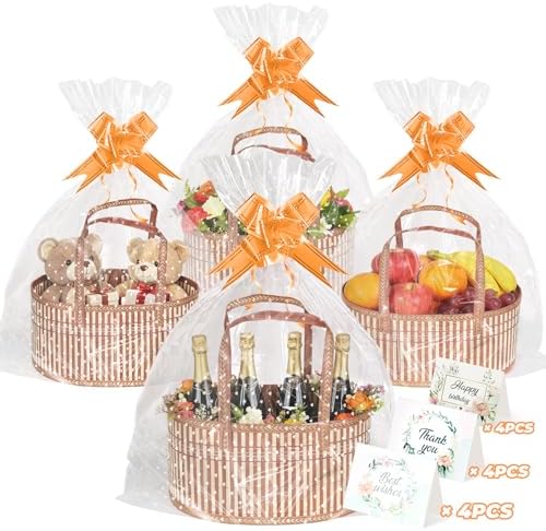 LuxDuo Father's Day 4 Set Foldable Baskets for Gifts Empty, Large Reusable Woven Bamboo Gift Basket Kit with Handle Wrap Bag Gold Bow for Mother's Day Baby Shower Birthday Wrapping, 12 Gift Cards by Unknown