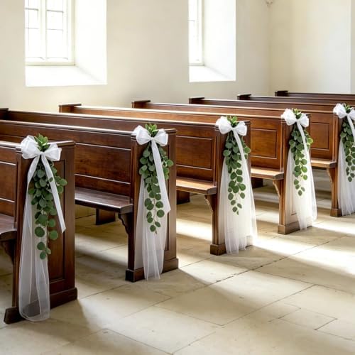 24 Sets Wedding Pew Decorations with White Long Tulle Tails Chair Sashes 8.2 ft, 24 Artificial Eucalyptus Vine 6.9 ft, 2 Rolls White Ribbon 72.2 ft for Wedding Aisle, Ceremony Party Supplies by Unknown
