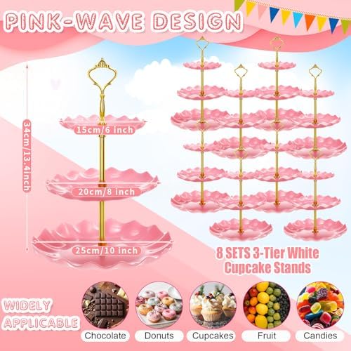 Patelai 8 Pack Plastic 3 Tier Cupcake Stand Holder, Pink - Image 3