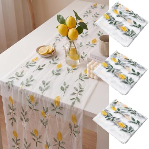 Mindsoft 3 Pcs Lemon Table Runner, 10ft Summer Tablecloth Yellow Lemon Party Decorations Gauze Embroidery Tulle Lace Runner for Table Wedding Birthday Bridal Baby Shower Holiday Dining Decor DIY by Mindsoft