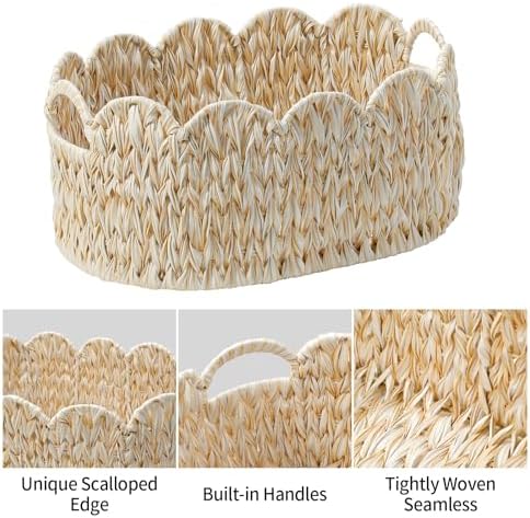 Set of 2 Scalloped Baskets, Small Wicker Baskets for Gifts, Beige - Image 7