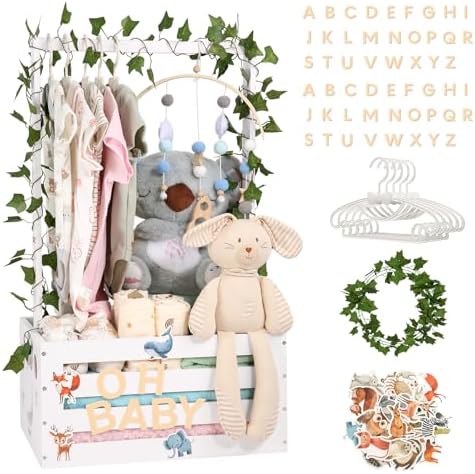 Large Baby Shower Gifts Basket Wooden Crate, Personalized Wooden Letters Hangers New Born Baby Girl Boy Pregnancy Gifts for New Mom Parents Vine Decorations Cute Closet with Adjustable Handle White by MAMBAKOTR