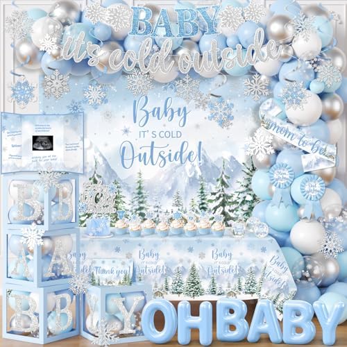 Baby It’s Cold Outside Baby Shower Decorations, Blue Winter Baby Shower Decorations for Boy Winter Woodland Tablecloth Banner Backdrop Balloon Box Cupcake Topper Hanging Swirl for Boy Gender Reveal by CMUSKO
