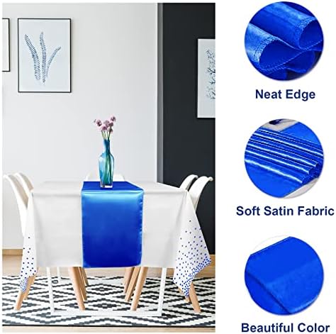 16Pack Disposable Plastic Tablecloths and Satin Table Runner Set White and Blue Dot Tablecloth Blue Satin Table Runner for Wedding Birthday Baby Shower Anniversary Christmas New Year Party Supplies - Image 3