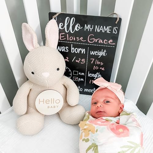 Monthly Baby Milestone Knit Cotton Stuffie with Wooden Discs, Newborn Photography Prop, Announcement Sign by Sawyer & Eloise (Bunny) - Image 6
