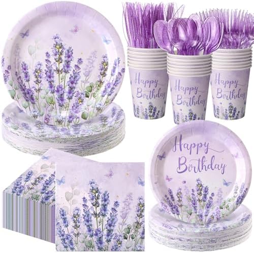 400 Pcs Purple Lavender Birthday Decorations for 50 Guests, Lavender Floral Butterfly Paper Plates Napkins and Cups Set with Cutlery, Lilac Tableware for Spring Birthday Party Supplies by Sunnychicc