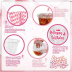 Whaline 50 Pcs 12 Oz Happy Birthday Disposable Plastic Cups with Lids and Straws Hot Pink Cold Beverage Drinking Cups for Home Kitchen Birthday Party Supplies - Image 3
