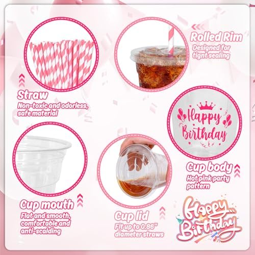 Whaline 50 Pcs 12 Oz Happy Birthday Disposable Plastic Cups with Lids and Straws Hot Pink Cold Beverage Drinking Cups for Home Kitchen Birthday Party Supplies - Image 3