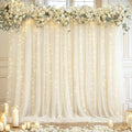 10×10ft Cream White Tulle Backdrop Curtain with Lights String for Parites, Sheer Photo Curtain Backdrop Drapes for Wedding Party Photography Backgrounds by WishCare