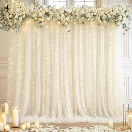 10×10ft Cream White Tulle Backdrop Curtain with Lights String for Parites, Sheer Photo Curtain Backdrop Drapes for Wedding Party Photography Backgrounds by WishCare