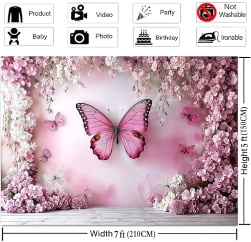 8X6ft Flower Butterfly Wall Backdrop Pink Floral Princess Girl Birthday Party Photography Background Photo Backdrop Art Wedding Banner Photo Studio Props - Image 5