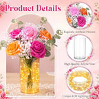 Domensi Set of 6 LED Lighted Floral Table Centerpieces, Faux Roses, Eucalyptus & Baby's Breath in Acrylic Vase, Glowing Rustic Wedding Decor for Bridal Shower & Dining Table (Rose Red, Pink, Orange) - Image 3