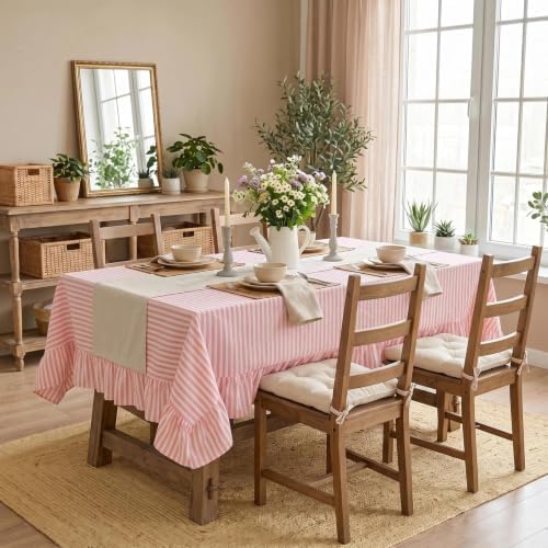 Eternal Beauty Striped Ruffled Tablecloth 52x70 Inch Pink White - Image 2
