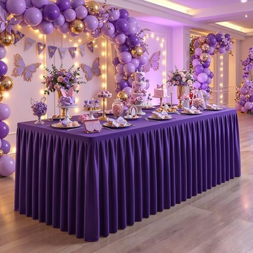 Purple Polyester Table Cloths for Rectangle 6 Foot Tables, 1 Pack Wrinkle Free Tablecloths Stretchy Banquet Ruffle Fitted Table Cover Desk Skirt for Parties Wedding Birthday Baby Shower - Image 2