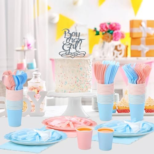 Ziliny 350 Pcs Pink Blue Plates and Napkins, 50 Guest Spring Party Supplies Include Scalloped Paper Plates Napkins Cups Plastic Spoons Forks Knives Disposable Tableware Set for Baby Shower - Image 6