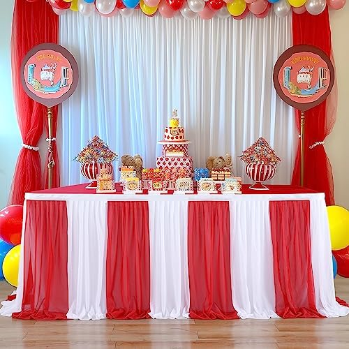 Reb and White Striped Table Skirt for Rectangle Tables or Round Tables for Carnival Circus Party 14ft Tulle Tutu Table Cloths Cover for Birthday Party Baby Shower Table Decorations - Image 2