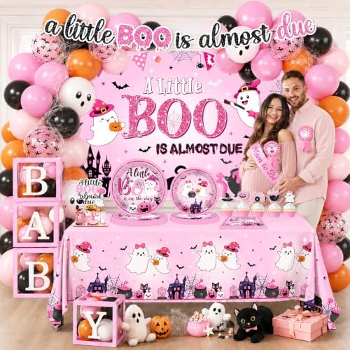 Pink Halloween Baby Shower Decorations Girl, All-in-1 A Little Boo is Almost Due Baby Shower Decorations with Balloon Arch Kit Baby Boxes Plates Napkins Cake Toppers Tablecloth Backdrop Spooky Decor - Image 3